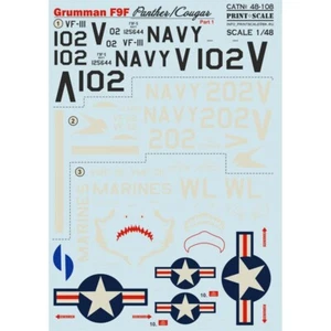 Decal for Airplane 1:48 Grumman F9f Panther Part-1 Aircraft Print Scale 48-108 - Picture 1 of 24