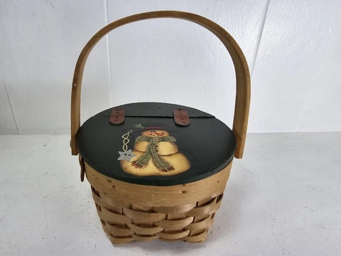 Basket Handpainted Snowman Attached Lid with Leather Strap Holiday Christmas Cover