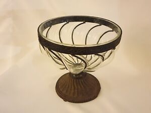 Hand Blown Clear Swirled Bubble Glass & Metal Iron Cage Centerpiece Bowl 