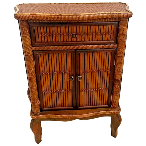 Vintage Wicker Vanity Cabinet Wood Legs with Top Drawer and Double doors Cover