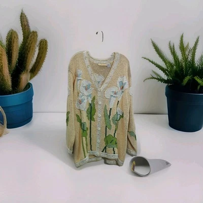 Anne Belle Women's Beige Floral Long Sleeve Button Up Cardigan Large 1107-04 - Image 1 of 4