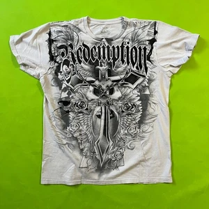 Medium Redemption Graphic Print T Shirt Cross Roses Skull Winged Sword Top - Picture 1 of 4