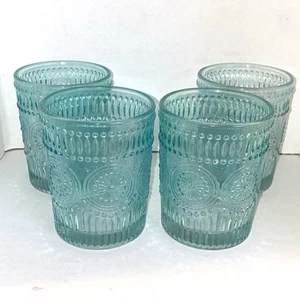 Set of 4 ~ Pioneer Woman Adeline Pattern ~ 4" Tall x 3" Wide ~ Teal Glasses - Picture 1 of 6