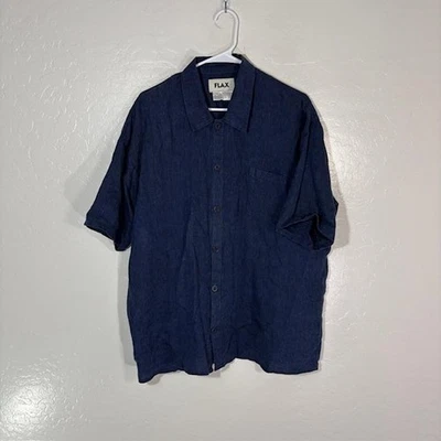 FLAX Shirt Mens Small Navy Oversized Linen Short Sleeve Button Up Collared Top - Image 1 of 4