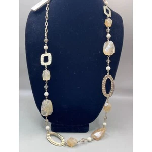 Relativity Semi-Precious Stone Jasper Quartz Long Necklace Gold Tone Timeless - Picture 1 of 8