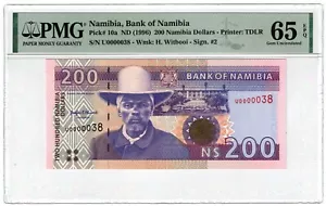 Billete de 200 dólares Namibia 1996 2 dígitos número de serie #38 clasificación PMG - Imagen 1 de 2