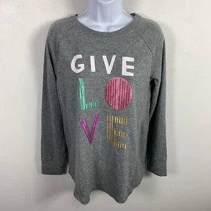 Cat & Jack Girls Top Sz XL 14 / 16 Gray Crew Neck Long Sleeve Give Love Sequins - Picture 1 of 11