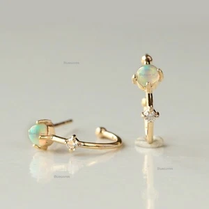 Ethiopian Opal & Diamond Open Hoops Studs Earrings In Solid 14k Yellow Gold - Picture 1 of 12