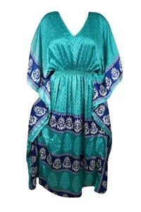 Boho Summer Maxi Kaftan For Women, See Green Floral Print Caftan Dress L-2X - Picture 1 of 3