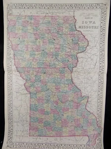 1887 MITCHELL'S MAP OF IOWA, MISSOURI & ST. LOUIS VIVID COLOR Original NEAR FINE - Picture 1 of 12