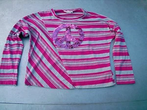  girls Belle du Jour striped sequin peace sign shirt sz large hot pink and gray  - Picture 1 of 5