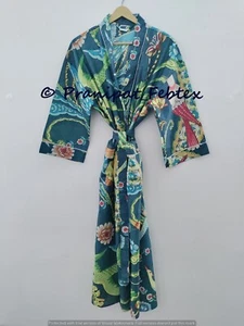 Kimono in cotone fatto a mano blu stampa uccellino pavone copricostume da not... - Foto 1 di 5