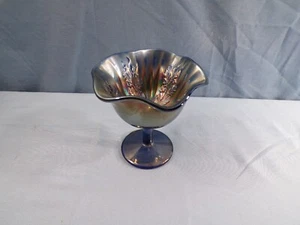 Vintage Fenton Blue Carnival Glass Holly Compote Candy Dish - Picture 1 of 8
