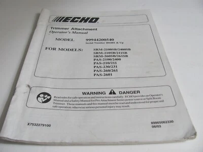 ECHO Trimmer Attachment Owners Manual Model 99944200540 - Image 1 of 4