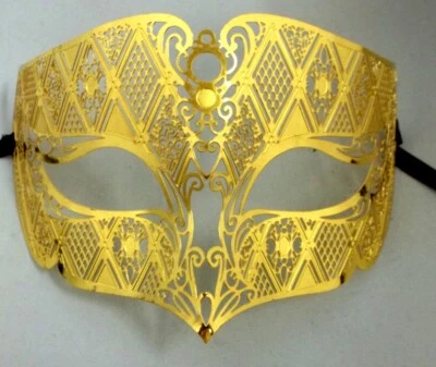 Gold Male Diamond Design Laser Cut Venetian Masquerade Metal Filigree Mask Men - Image 1 of 3