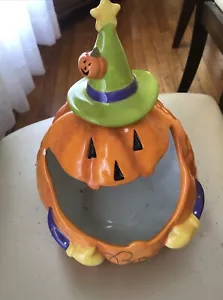 Large Ceramic Jack O Lantern Halloween Pumpkin Witch 12" Decorative Candy Holder - Picture 1 of 6