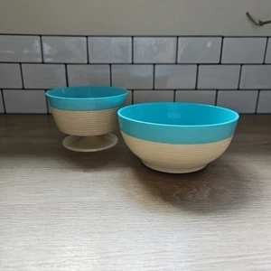 Vintage Raffiaware Thermo-Temp Schüsseln X2 Türkis Kunststoff MCM Standfuß, Müsli - Bild 1 von 8