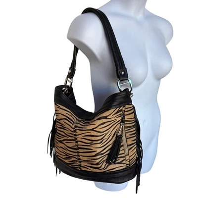 B. Makowski Large Tiger Print Calfskin and Leather Fringed Statement Hobo Bag - Image 1 of 4