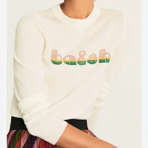 ba&sh Women's Sz XS Wool Ivory Sweater Long Sleeve Crew Neck Shiny Logo - Picture 1 of 14
