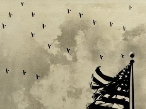 RPPC Depicts Navy Air Squadron Flying Formation Over San Diego American Flag - Picture 1 of 3