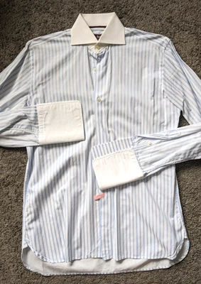 HICKEY FREEMAN 男式正装衬衫 14 1/2 棉纽扣蓝色白色条纹法国 — 第 1/4 张图片