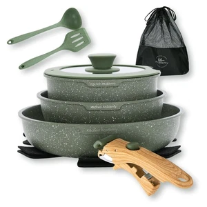Removable Handle Pots and Pans Set - 10 Pieces Green Cookware Set with Remova... - Picture 1 of 7