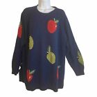 Quacker Factory Women's Teacher Knit Blue Sweater, Size 1X, Apples, Some Pulls