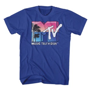 MTV Music Television Palm Tree Ocean Beach Sunset Logo Men's T Shirt  - Picture 1 of 5