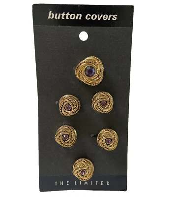 The Limited Button Covers Set of 6 Goldtone Swirl Faux Amethyst Purple Fancy NOS - Image 1 of 4