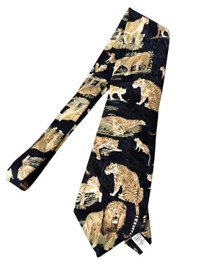 Wembley Men’s Tie Endangered Species Big Cats Lion Tiger Cheetah Etc Black Gold - Image 1 of 4