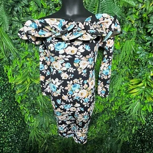 VAVAVOOM Dress Women Medium Black Off Shoulder Floral Print Fitted Bodycon 1196 - Picture 1 of 7