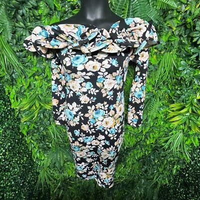 VAVAVOOM Dress Women Medium Black Off Shoulder Floral Print Fitted Bodycon 1196 - Image 1 of 4