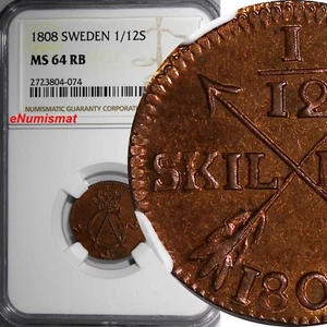 SWEDEN Gustaf IV Copper 1808 1/12 Skilling NGC MS64 RB 1 GRADED HIGHER KM563(74) - Picture 1 of 4