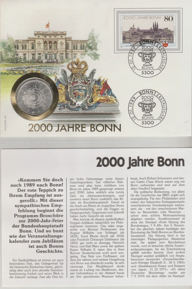 1989 GERMANIA 2000 JAHRE BONN  FDC E MONETA IN ARGENTO DA 10 MARCHI  MF73576 - Immagine 1 di 1