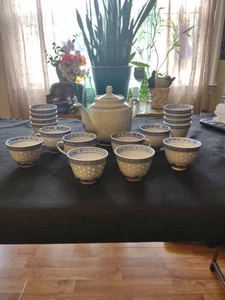 Vintage China Rice Grain Eye Teapot 16  Matching Cups Blue White Chinese Pottery - Imagen 1 de 19