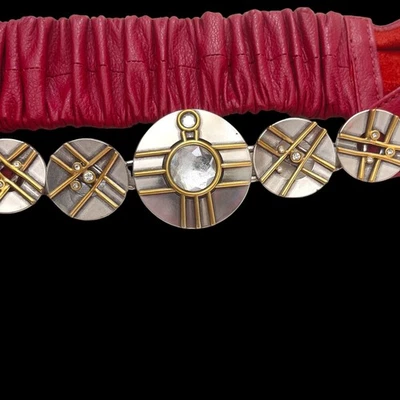 Vintage Mixed Metals Mondrian 90s Red Leather Belt Silver Gold Elastic 27-29” - Image 1 of 4