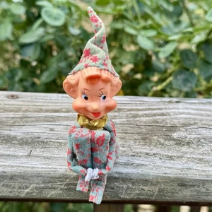 Knee Hugger Elf Christmas Ornament Japan Pixie Vintage Rare Holly Leaf Floral 8” - Picture 1 of 6