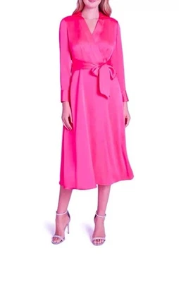 $178 Small Medium US 6 ❤️ Tahari ASL Pink Wrap Long Sleeve Satin Midi Dress - Image 1 of 4