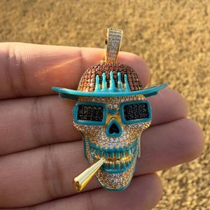 Smoking Skull Custom Pendant Gold Tone Iced + Free 3mm 22" Steel Cuban Chain - Picture 1 of 5