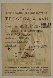 ASMARA ERITREA PNF OND TESSERA OPERA NAZIONALE DOPOLAVORO A.XVII 1939 - Foto 1 di 2