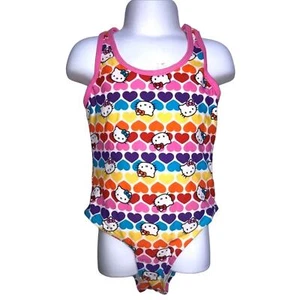 Girls 4 Hello Kitty Bright Rainbow Heart One Piece Racerback Swimsuit Swimwear - Picture 1 of 2