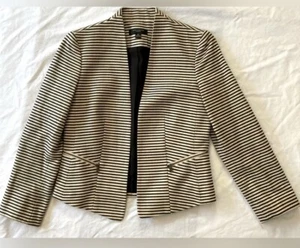 Ann Taylor Black & Cream Striped Open Front Blazer with Zippered Pockets Size 0P - Picture 1 of 7