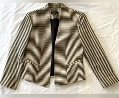Blazer Ann Taylor Negro y Crema Rayas Frente Abierto con Bolsillos con Cremallera Talla 0P Foto 1 de 4