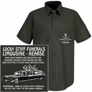 PARTY LIKE A ROCK STAR IN OUR FUN FUNERAL LUCKY STIFF LIMOUSINE HEARSE WORKSHIRT - Picture 1 of 12