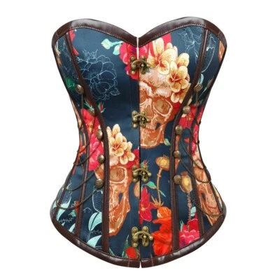 Skull Floral Print Overbust Corset Gothic Steampunk Shapewear Bodices - Image 1 of 4
