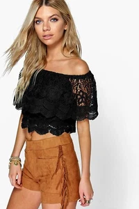 NEW Black Crochet Lace Off Shoulder Crop Top Size 4/6 - Picture 1 of 5