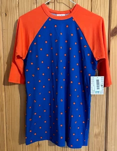 LuLaRoe Sloan kids shirt size 14 dark coral 3/4 sleeves & dots on blue NWT - Picture 1 of 7