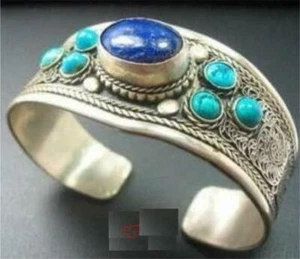 Tibet Silver inlay Lapis Lazuli Turquoise Cuff Bracelet Wonderful - Picture 1 of 2