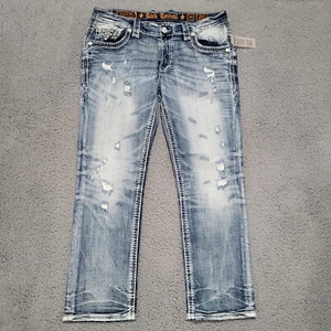 Rock Revival Jeans 36 X 28 Men Herb Straight Distressed Blue Stretch BRAND NEW! - Picture 1 of 5