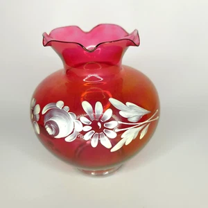 Viking ? Hand Painted Ruby Cranberry Art Glass Fluted Vase - BEAUTIFUL - Picture 1 of 1